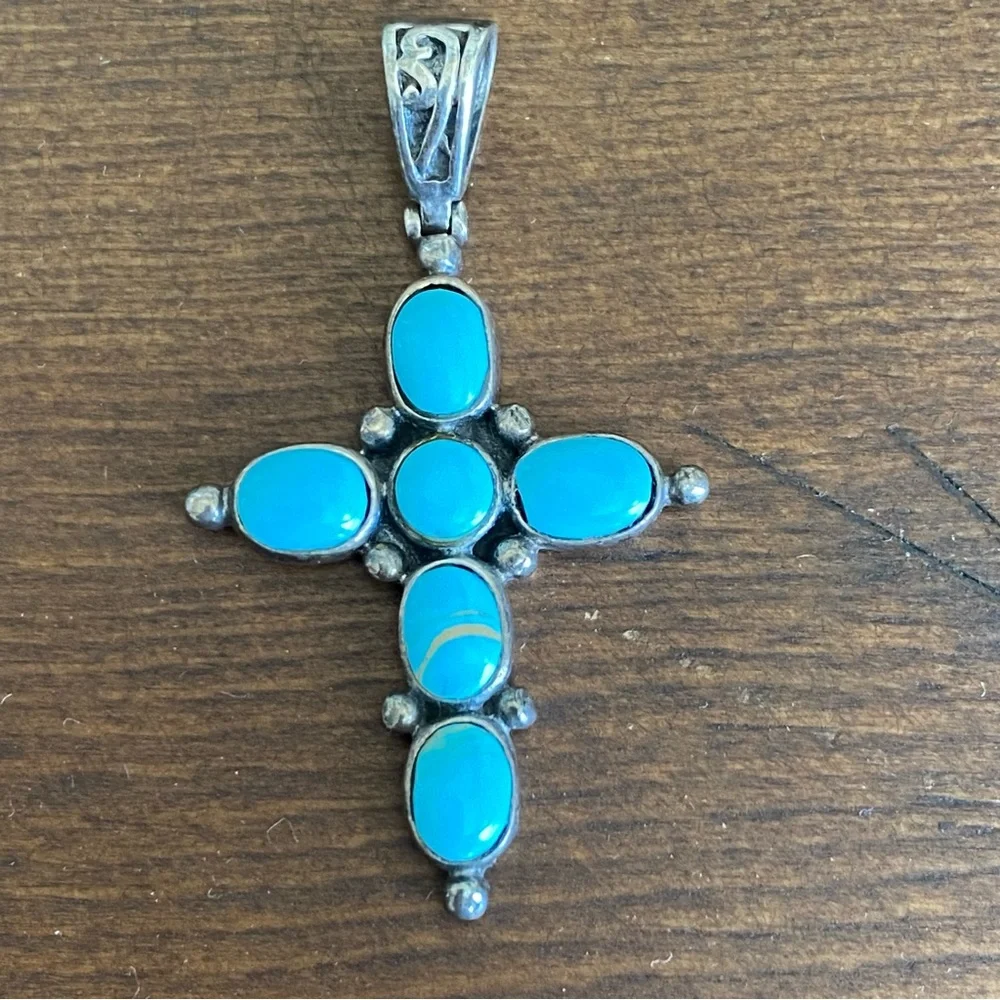 Sterling Silver Turquoise Cross Pendant Vintage Southwest Boho Artist Signed - Picture 9 of 12